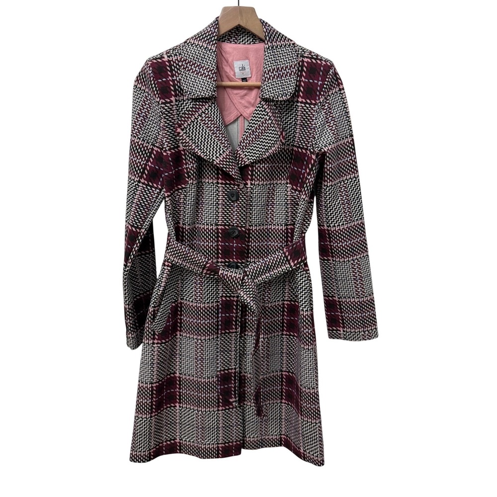 Cabi Heritage Trench Coat Small Multi Plaid Button Front Belted Knit